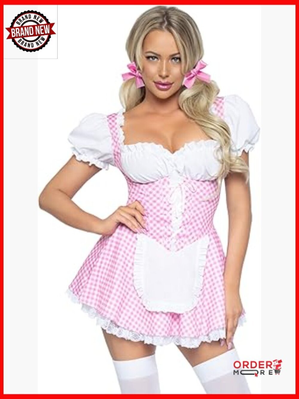 Gingham Dress with Lace Up Front and Attached Apron, Size Small